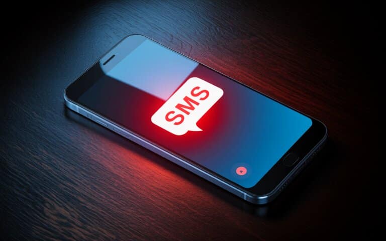 Smartphone sombre affichant SMS suspect rouge sur bureau bois