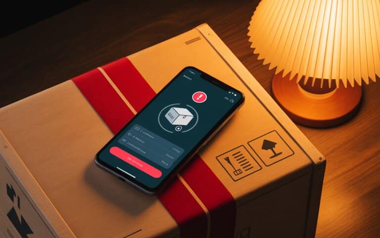 Smartphone sur boîte colis avec tracking suspect