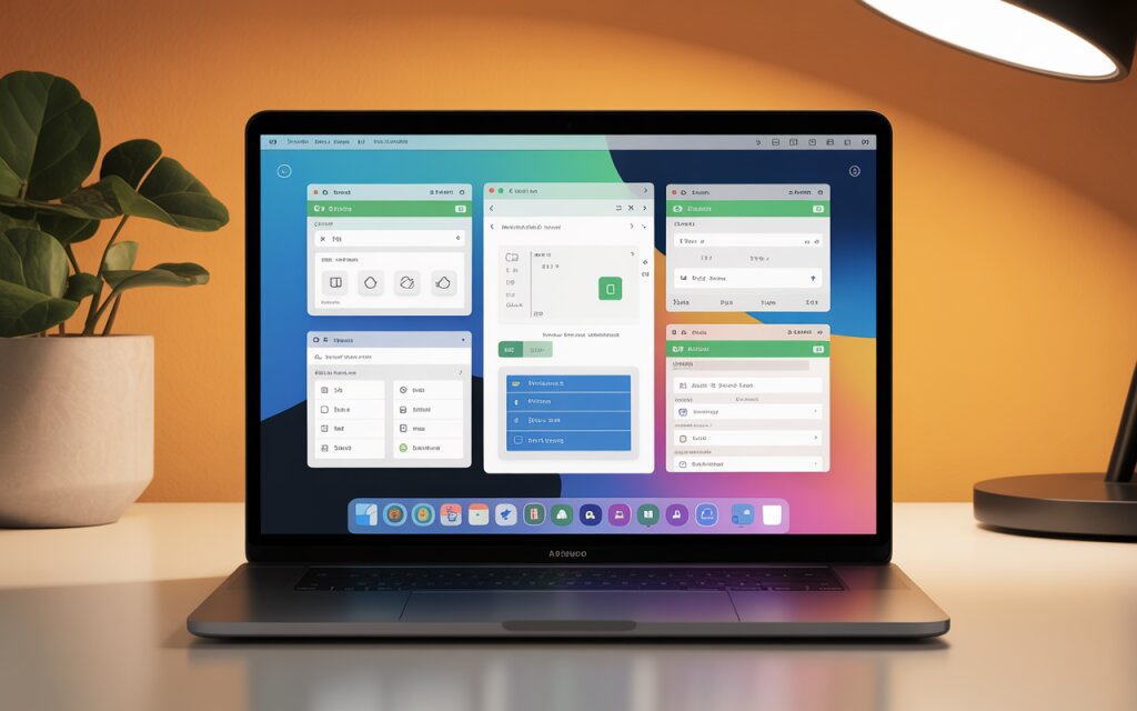 Laptop affichant plusieurs petits outils utilitaires côte à côte sur fond chaleureux