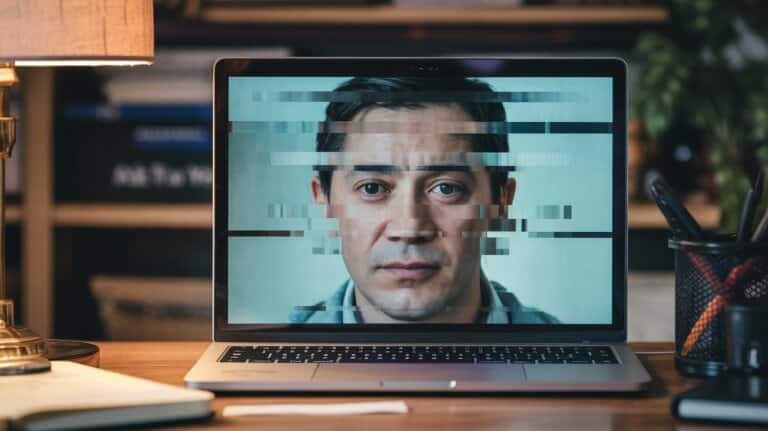 Visio truquee avec artefacts visuels et laptop sur bureau