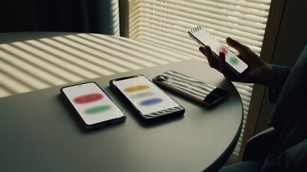 Trois smartphones posés sur une table, écrans allumés, dans l'ombre de stores vénitiens