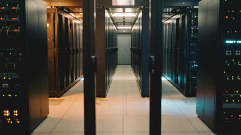 Allée d'un data center avec trois rangées de baies serveurs éclairées différemment