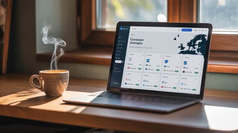 Interface cloud storage sur laptop avec accent europeen