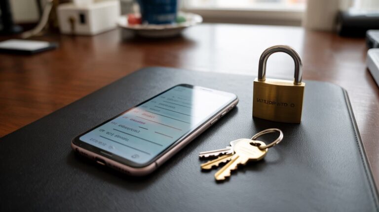 Smartphone posé sur un bureau à côté d'un cadenas et d'un trousseau de clés