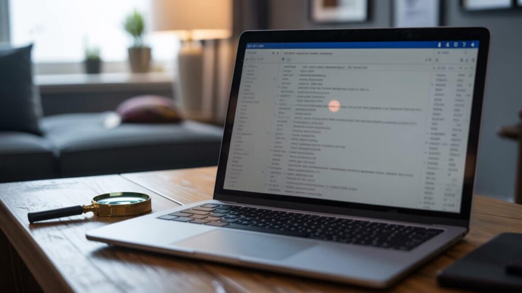 Ordinateur portable affichant une boîte mail, une loupe posée sur le bureau à côté