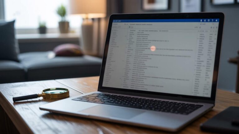 Ordinateur portable affichant une boîte mail, une loupe posée sur le bureau à côté
