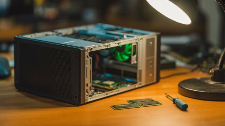 PC demonte avec SSD et barrette RAM sur bureau bois