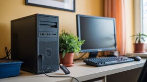 Ancien PC de bureau avec écran plat et plante verte sur un bureau ensoleillé