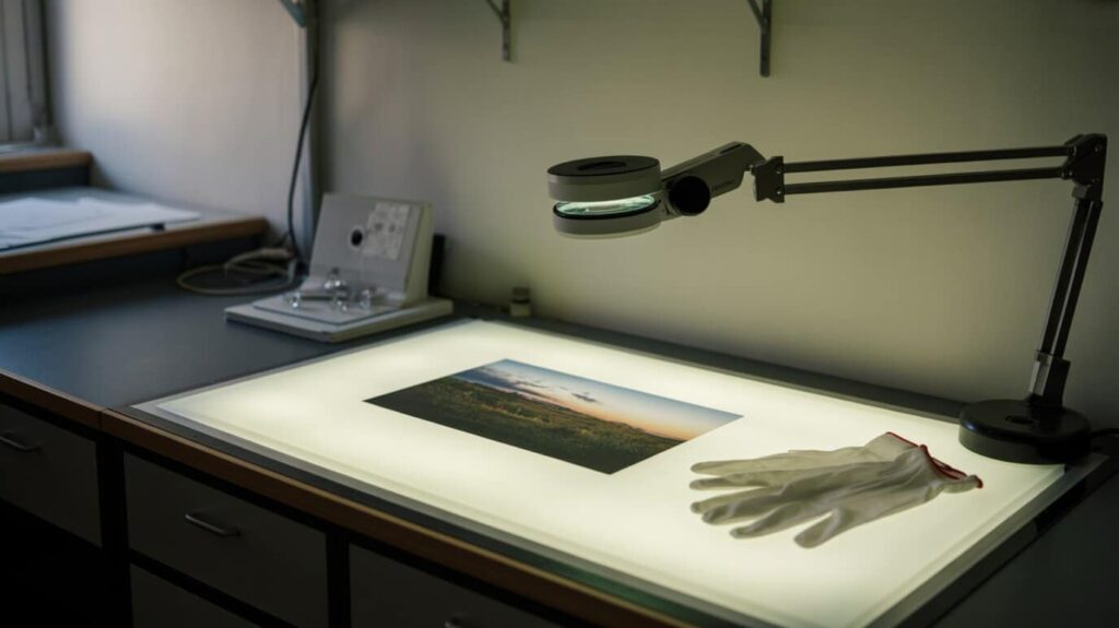 Table lumineuse de laboratoire photo avec un tirage examiné sous une loupe d'atelier