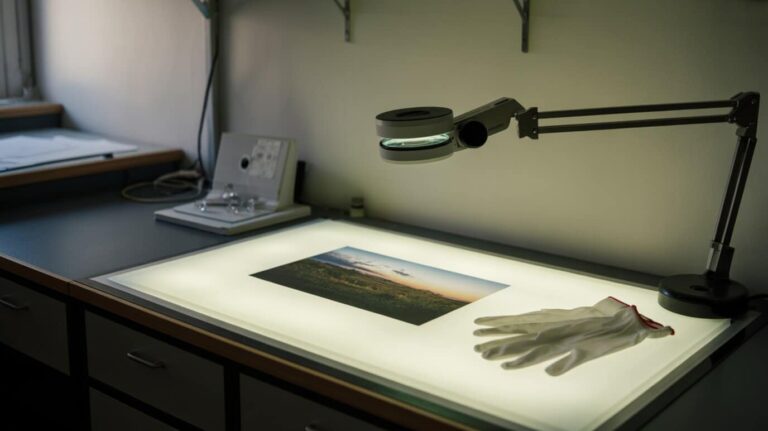 Table lumineuse de laboratoire photo avec un tirage examiné sous une loupe d'atelier