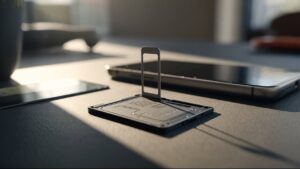 Tiroir de carte SIM extrait d’un smartphone avec son outil d’éjection